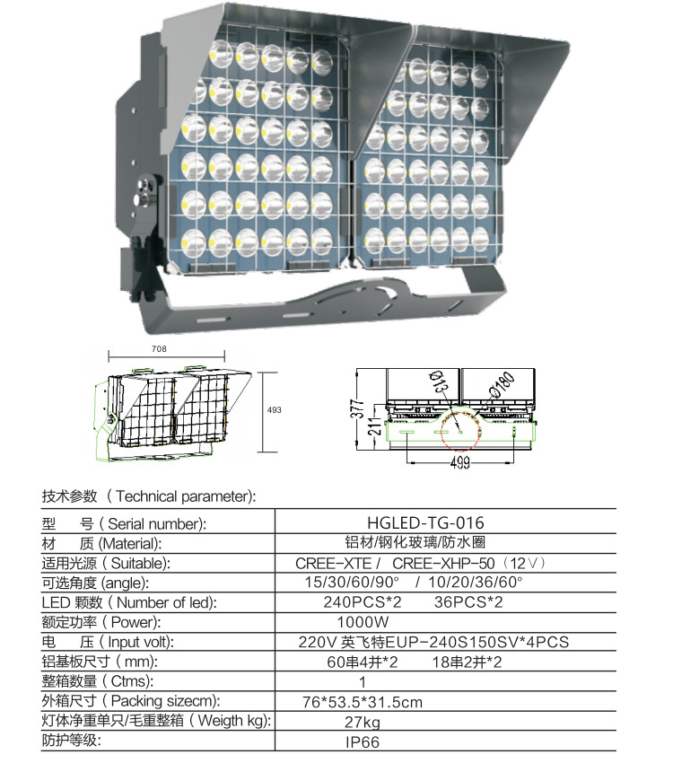 HGLED-TG-016 高档LED超大功率球场高杆灯投光灯-1000W