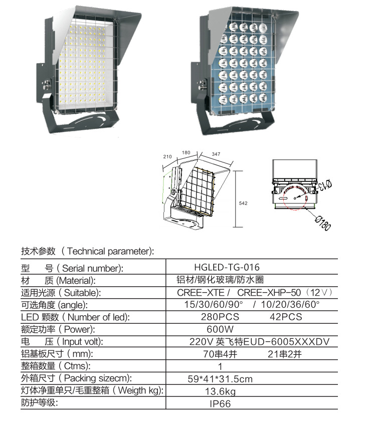 HGLED-TG-016 高档LED超大功率球场高杆灯投光灯-600W